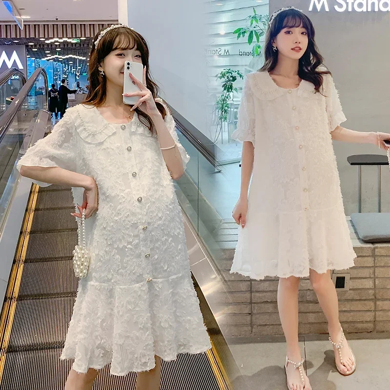 3959# Summer Korean Fashion Maternity Dress Beading Ruffle A Line Loose Clothes for Pregnant Women Sweet Pregnancy Clothing 2021 summer korean sweet puff sleeve slim square collar folds a line mini ruffle dresses for women vintage woman dress vestidos