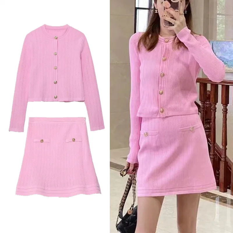 

TRAF Women Pink Knit Mini Skirt Suit Vintage High Waist Elastic Skirt Fashion Gold Button A Line Short Skirt+Short Cardigan Set