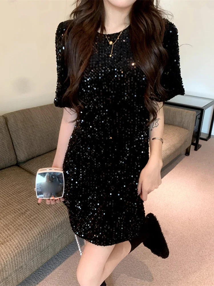 Vestito Paillettes Vestito Nero Con Maniche A Palloncino Vestito