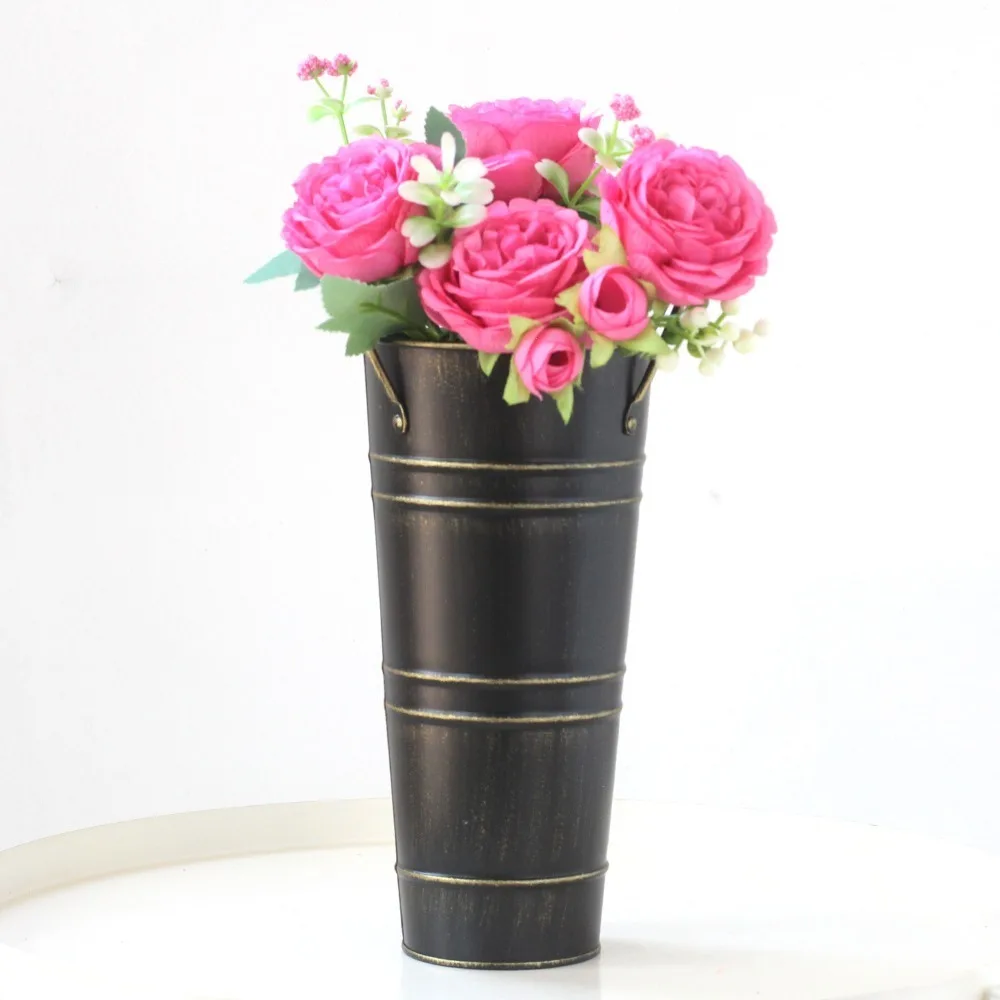 Flower Vase Retro Style Flower Arranging Bucket Pastoral Style Flower Pot Metal with Handle Iron Vase Office