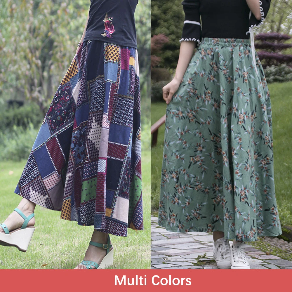 

Womens Maxi Beach Skirts 2023 Summer Autumn Floral Linen Long Maxi Skirt Vintage Ethnic Style Women Vecation Skirts Streetwear