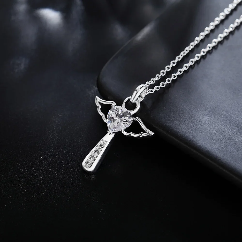 Silver Pendant Necklace 45cm 925 Sterling Silver angel fine crystal cross pendants Necklace For Women