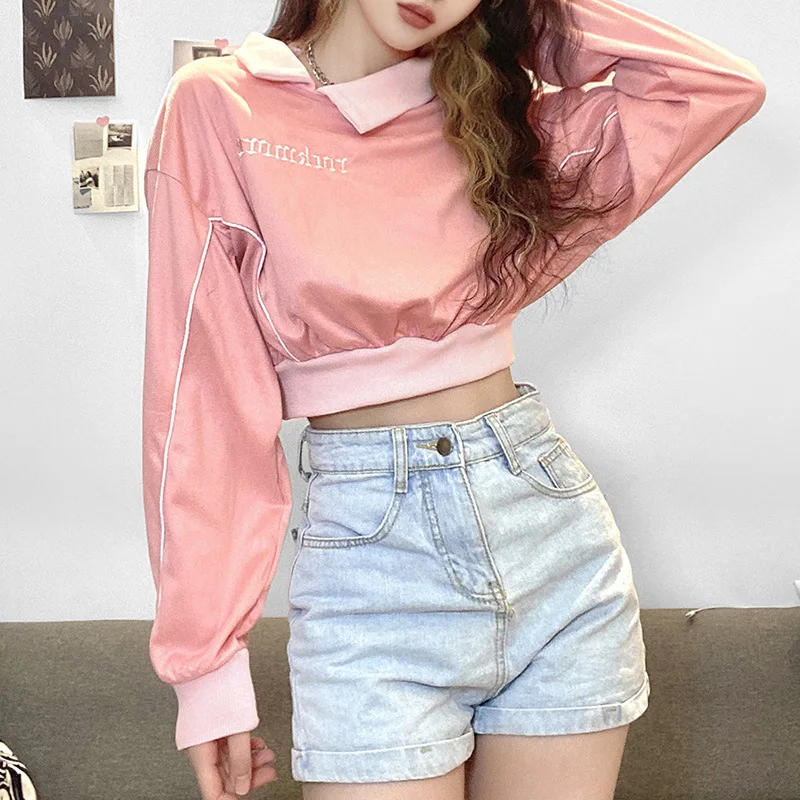 2023 Fall Winter Loose Fashion Letter Embroidery Long-sleeved Pink Pullover Women New Solid Color High Waist Hoodies Sweatshirt
