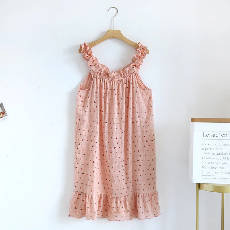 New Printed Ruffle Edge Sling Nightdress For Women Summer Thin Loose Large Size Nightgown Korean New Off Shoulder Home Pajama