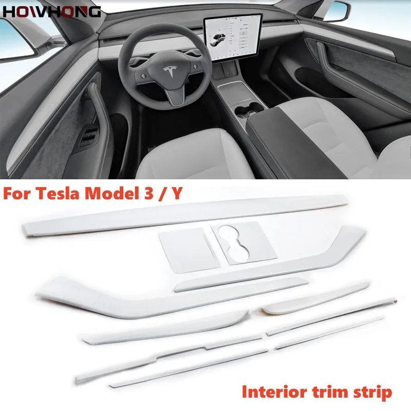 For Tesla Model Y 3 Central Control Dashboard Panel Door Water Cup Trim Strip  White Color Car Interior Accessories Modification