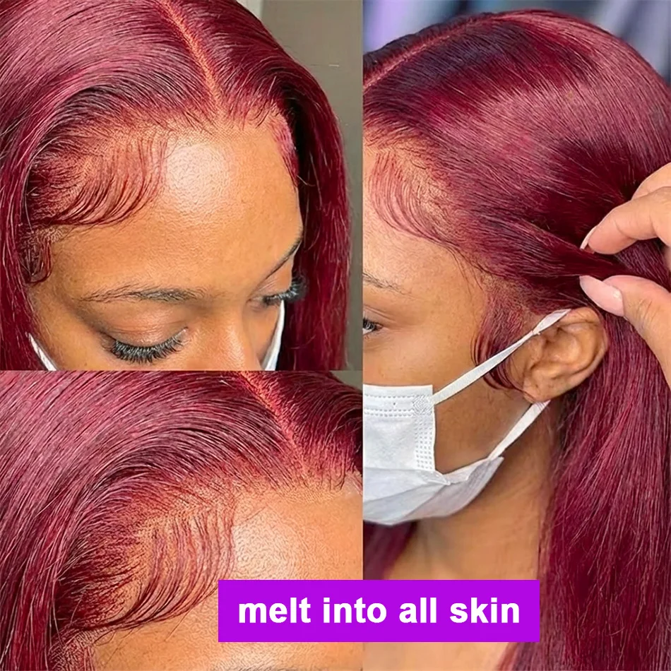 250 Density Red 99J Straight Colored 13x4 Lace Front Human Hair Wigs Burgundy Transparent Lace Frontal Human Hair Wig For Women 2