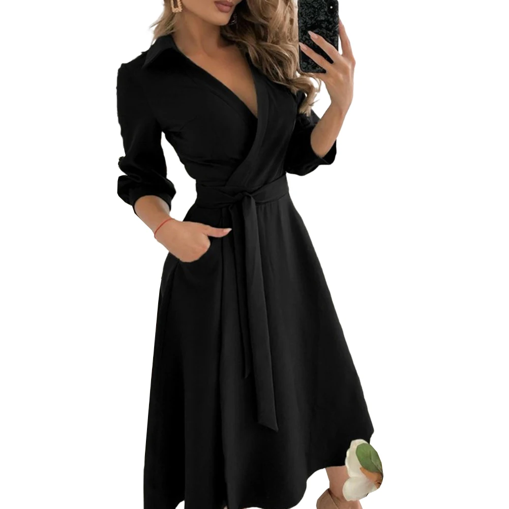 

Fashion Elegant Party Dresses Three-quarter Sleeve Solid Floral Cropped Deep V Neck Belted Wrap Long Evening Dress For Women