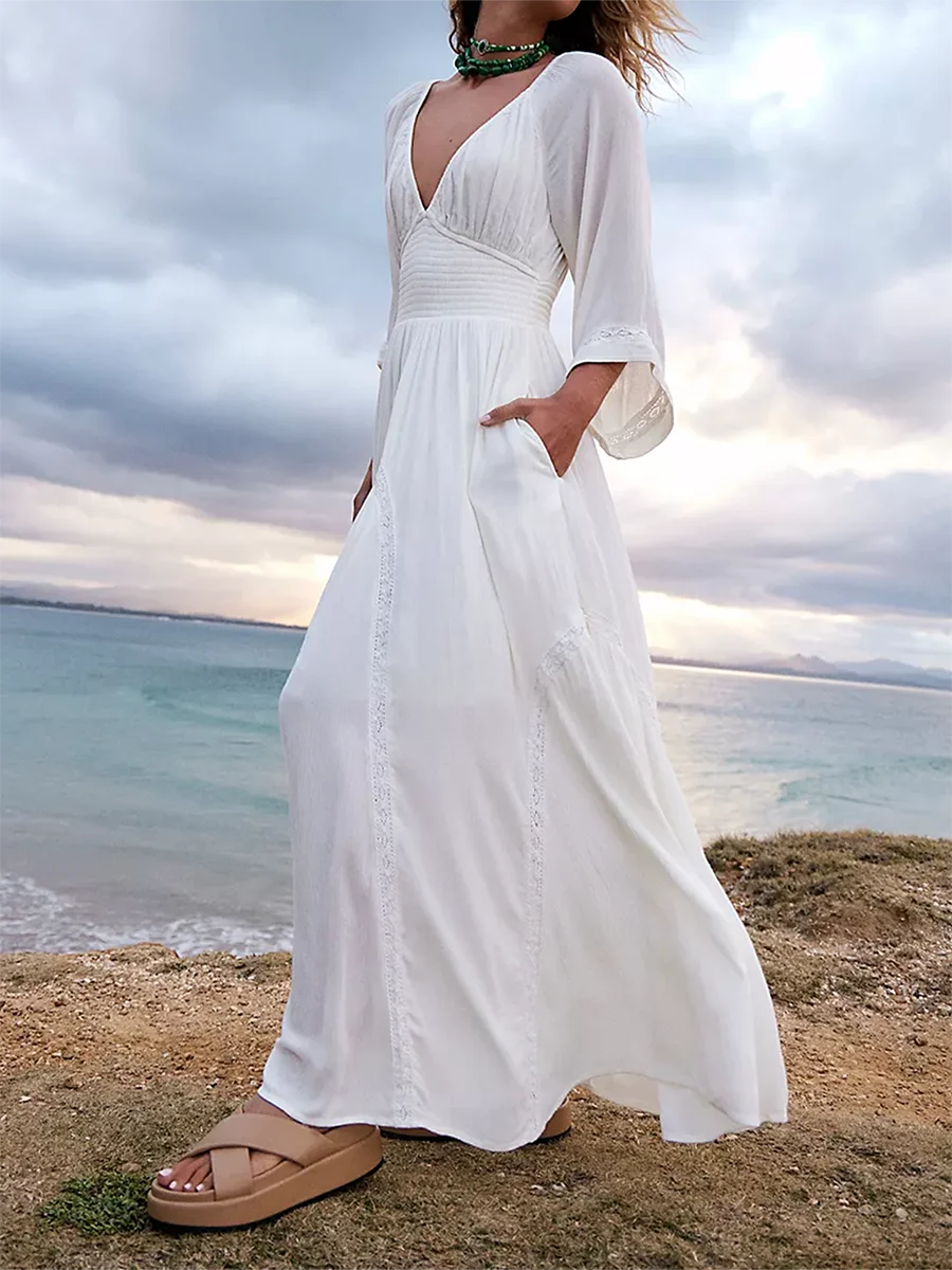 

Women 3 4 Sleeve Bohemian Floral Swing Dress Casual Solid Color Flowy A-Line Party Dress for Beach Maxi Dress Sundress