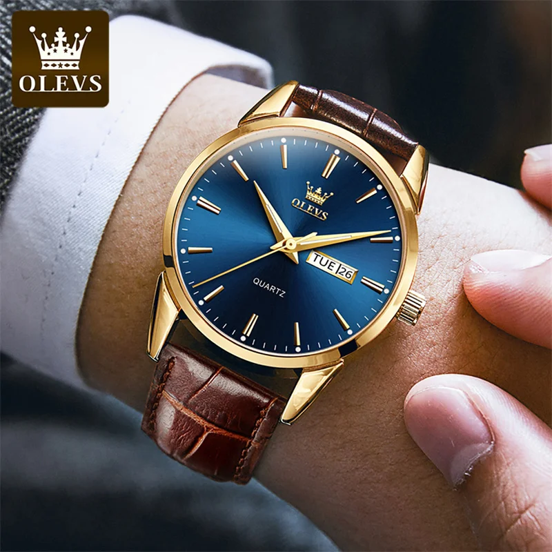 OLEVS Brand Business Mens Quartz Watch Luxury Leather Strap Waterproof Luminous Week Date Fashion Mens Watches Relogio Masculino