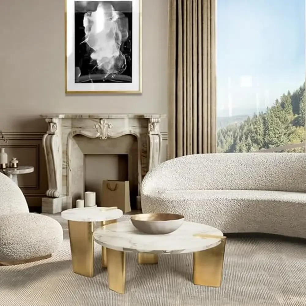 White Marble Pattern Round Wood Nesting Coffee Table Set of 2 Living Room Side Table with Gold Legs Spacious Storage Easy to 4