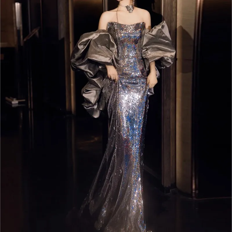 

Silver Paillette Fishtail Dress Female Sense Host Banquet Temperament Entry Tube Top