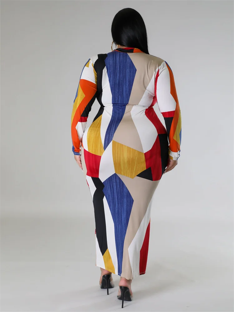 Wmstar Plus Size Dresses for Women Printed Fashion Long Sleeve Bodycon Stretch Fall Clothes Maxi Dresses Wholesale Dropshipping