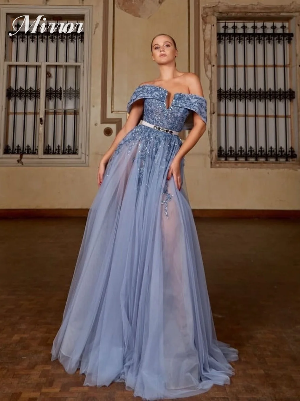 

Mirror Dress Elegant Vintage Sexy Blue Beading Ruffle Boat Neck A-Line Customize Formal Occasion Prom Dress Evening Party Gowns