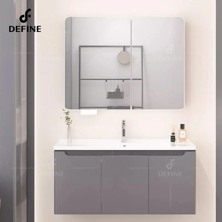 Space-saving Vanity Grey Color Wall Mounted Single Sink Cabinet For Hotel Bathroom With LED Mirror