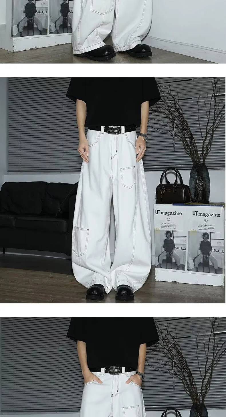 Y2K Men's Jeans White High-Waisted Wide-Leg Denim Pants Retro Baggy Style Fashion Loose Fit Casual Denim Trousers Streetwear