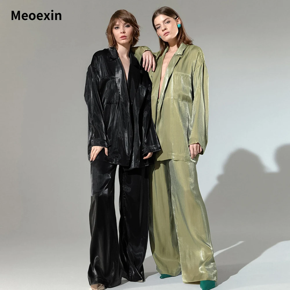 

Новый модный трендовый яркий Шелковый костюм Meoexin с воротником с лацканами тонкая Ночная рубашка кардиган брюки с длинным рукавом женская домашняя пижама