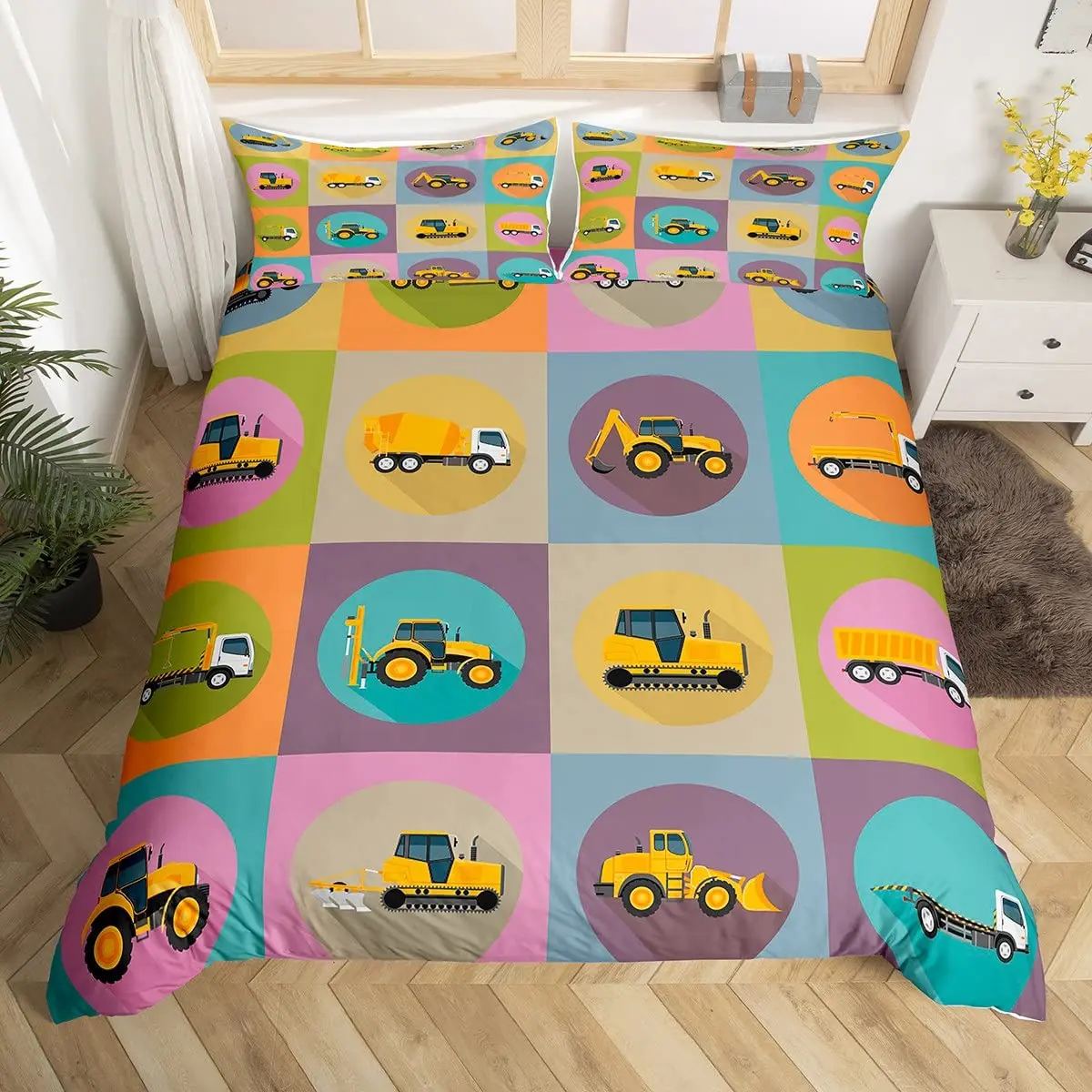 

Cartoon Tractor Trucks King Queen Duvet Cover Construction Vehicle Bedding Set Excavator Quilt Cover Polyester Comforter Cover
