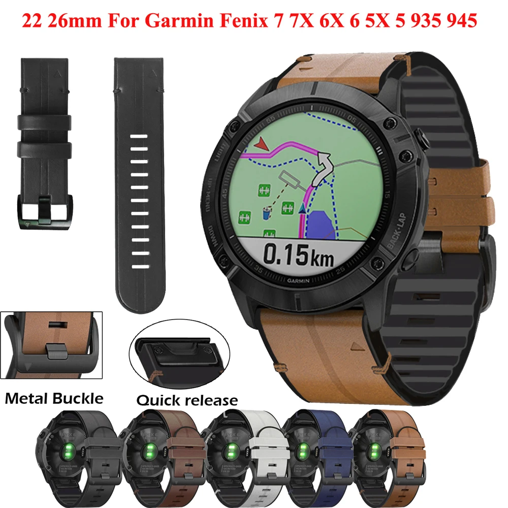 

22 26mm Quickfit Watch Strap For Garmin Fenix 6 6X 7X 5X 7 5 5Plus 3HR 935 945 S60 Genuine Leather Band Silicone Watch Wristband