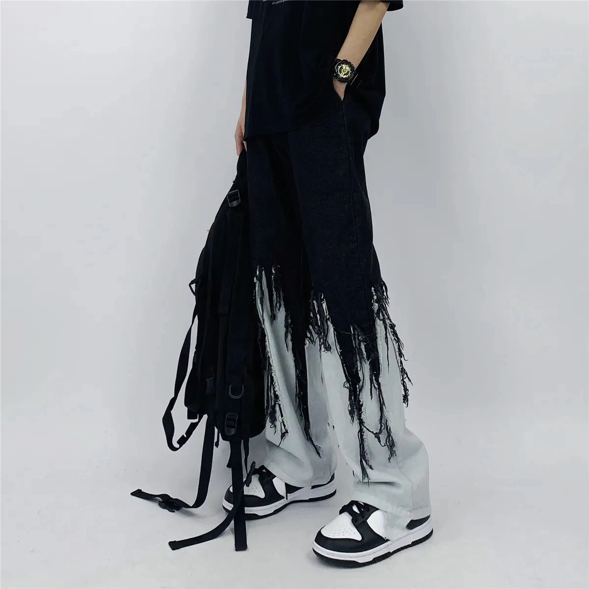 Men Jeans High Street Hip Hop Contrast Color Tassel Loose Fashion Japanese Streetwear Hippie Loose Casual Darkwear Patchwork 3