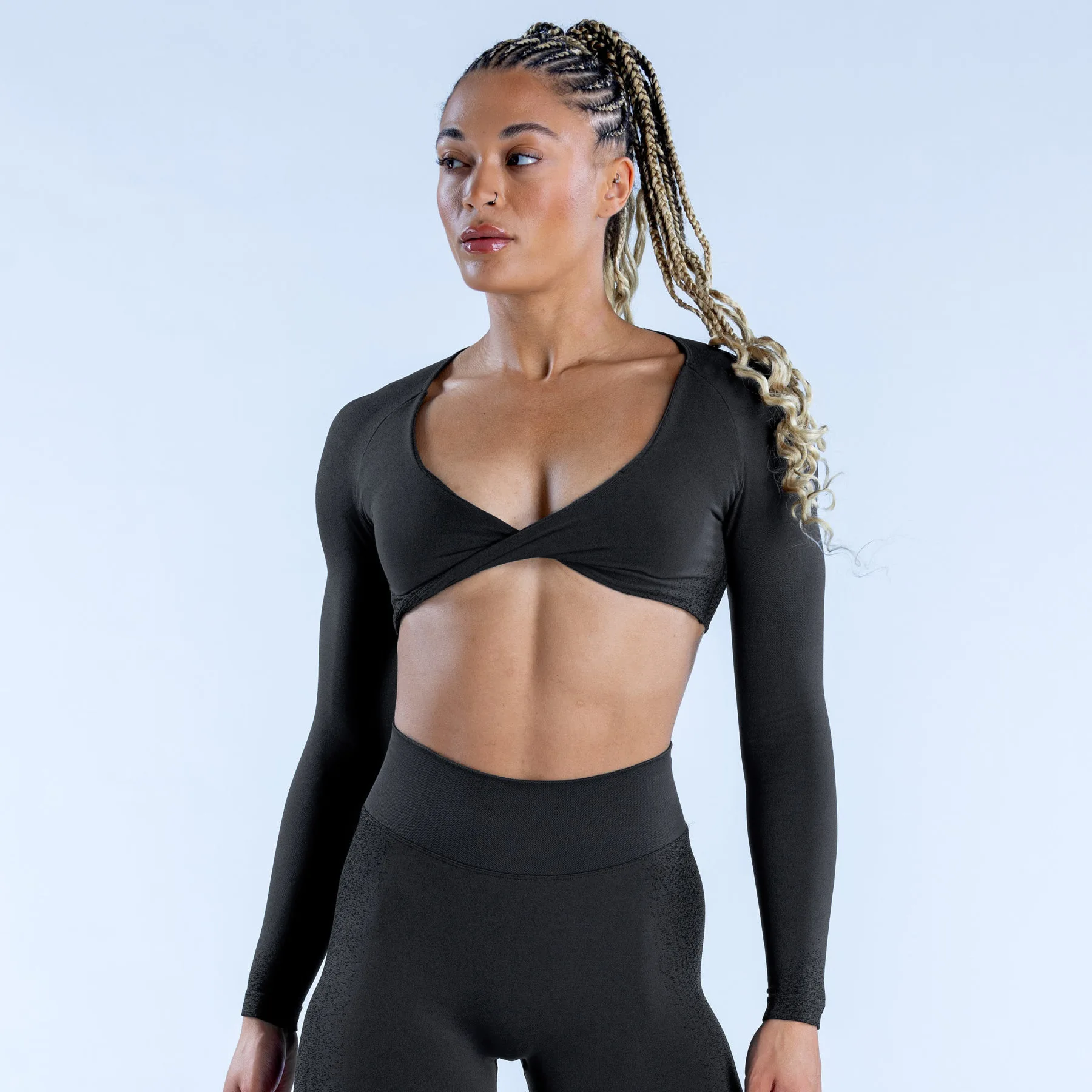 Yoga T-Shirt Ignite Twist Front Crop Top Long Sleeves Deep V Leaky Navel Sports Women Gym Clothes