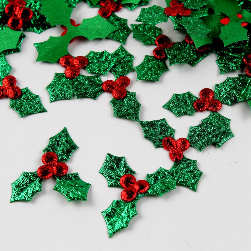 Christmas Glitter Holly Leaf And Red Berry Decoration Table Ornaments DIY Art Fabric Applique Accessories 100Pcs