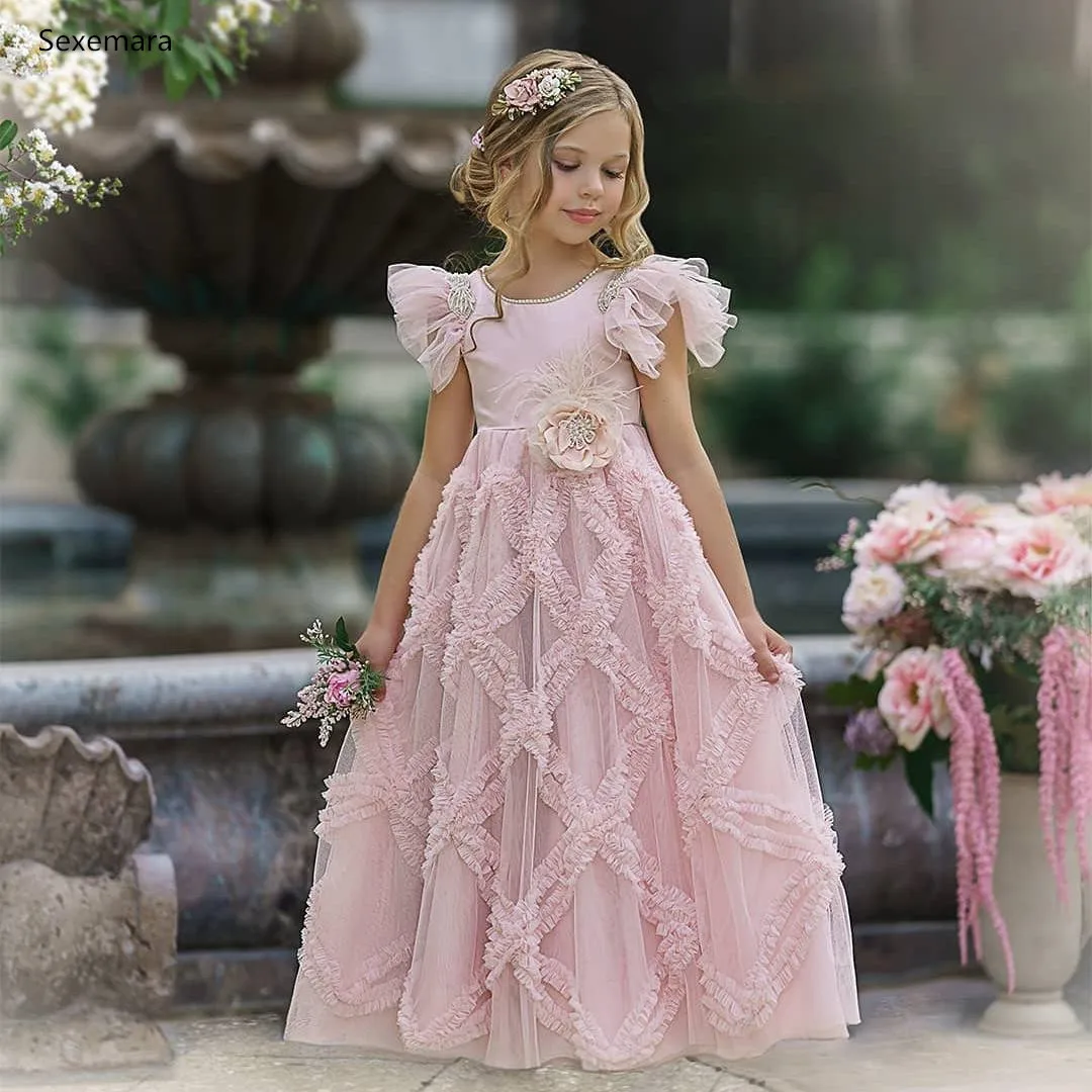 

Light Pink Flower Girl Dresses For Wedding O Neck Sleeveless Pageant Dress Floor Length Ball Gown Kid Birthday Dress