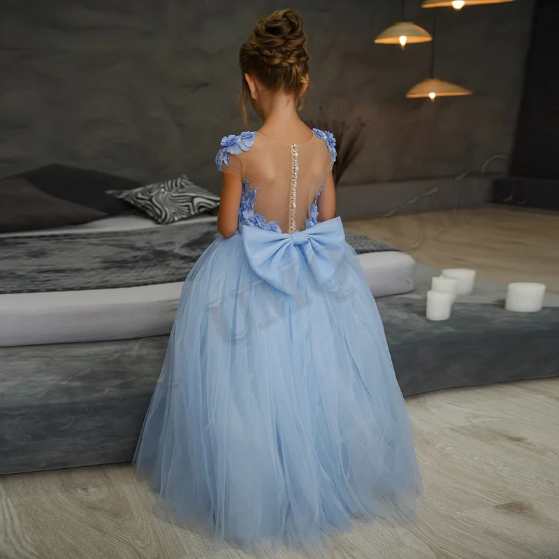 

Light Blue Couture Flower Girl Dress 3D Flowers Illusion Birthday Wedding Party Dresses Costumes First Comunion Drop Shipping