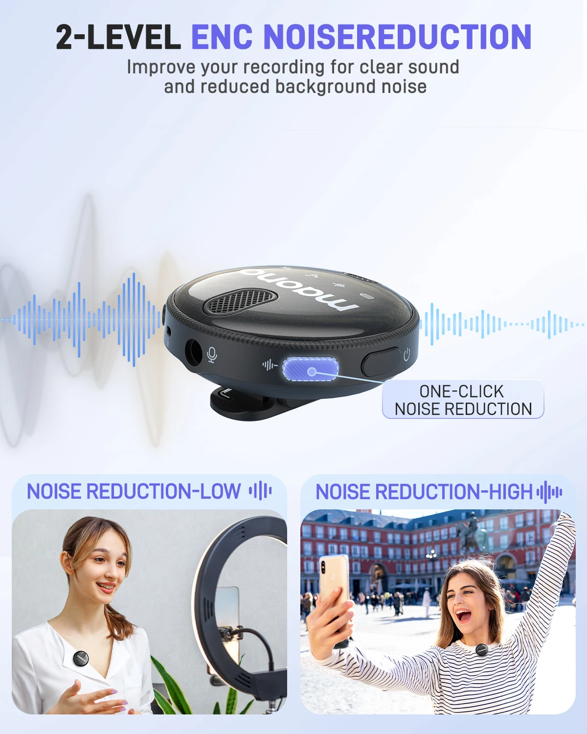 무선 USB C 옷깃 마이크 소음 감소, 실시간 모니터 마이크 게인, 틱톡 유튜브 브이로그 라이브 스트림 인터뷰, WM620