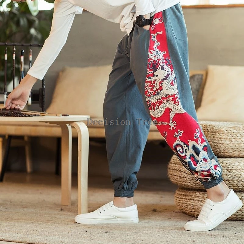 summer men chinese ethnic style tang suit pants exquisite dragon embroidery cotton linen trousers loose casual wushu pants