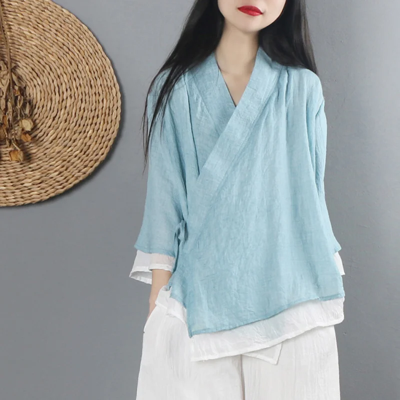Chinese Style Ethnic Harajuku Zen Tops Clothes Women Cotton Linen Solid Vintage Tang Suit V Neck Loose Spring Blouse Thin Hanfu women chinese shirt