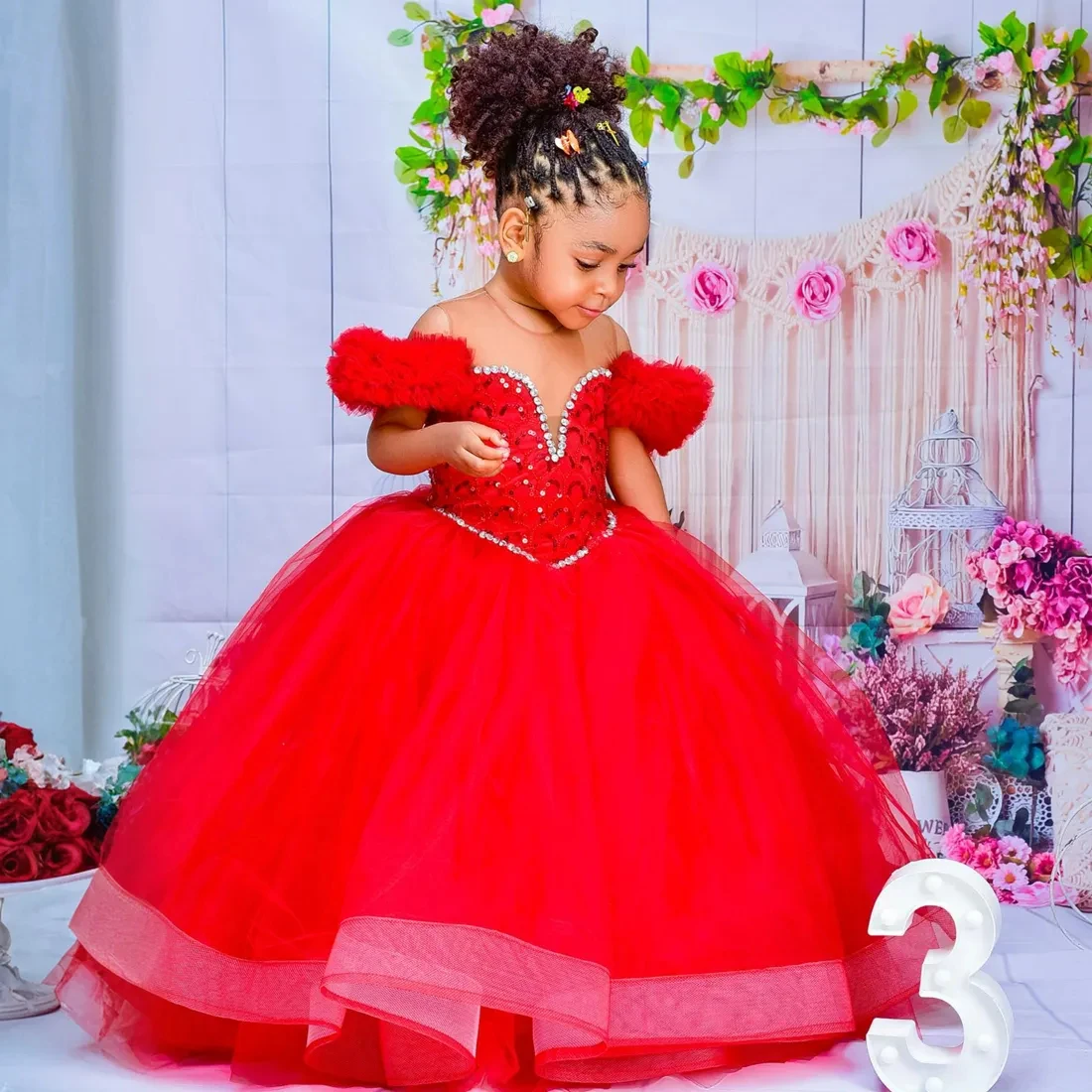 Red Kids Birthday Dresses Flower Girl Dresses Sheer Neck Pleated Ruffles Tiered Tulle Ball Gowns for Wedding