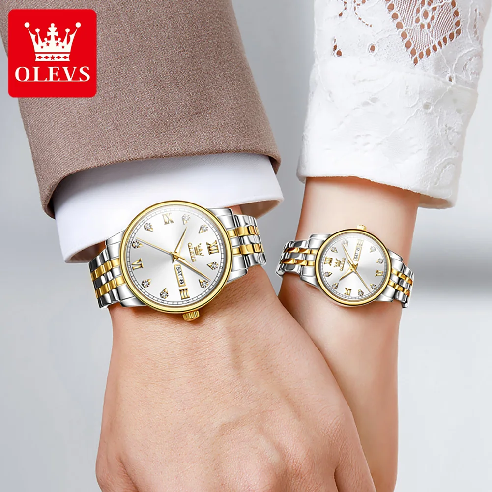 OLEVS Fashion Quartz Watches for Couple Luxury Golden Stainless Steel Couple Watches Waterproof Luminous Ladies Wristwatch Reloj