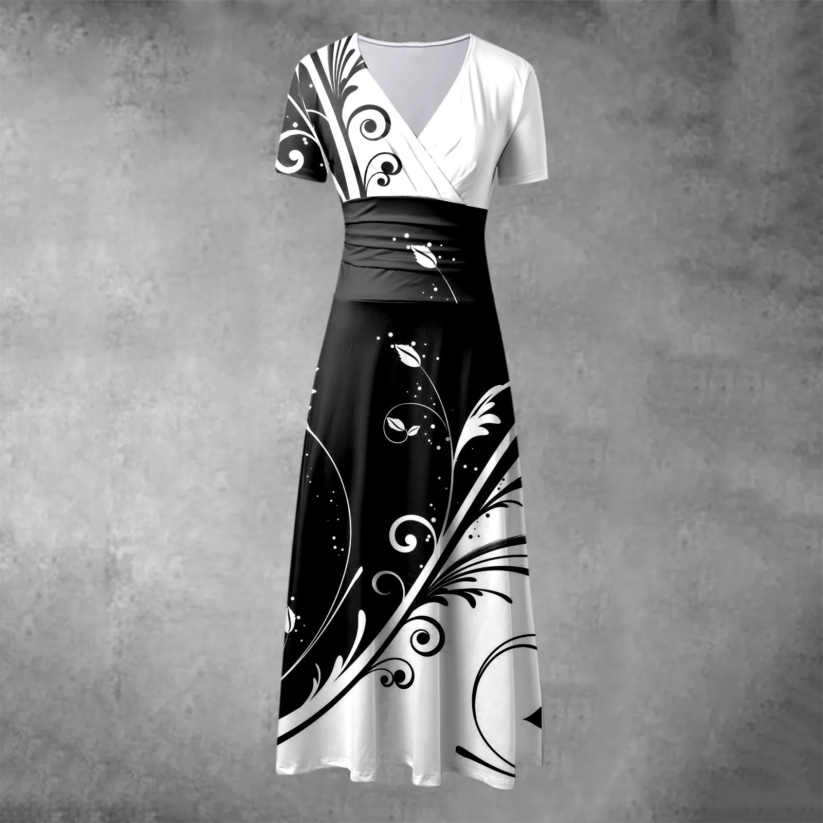 

Women Vintage Short Sleeve Long Dress Fashion Printed V Neck Temperament Elegant High Waist Maxi Dress Woman Summer Casual