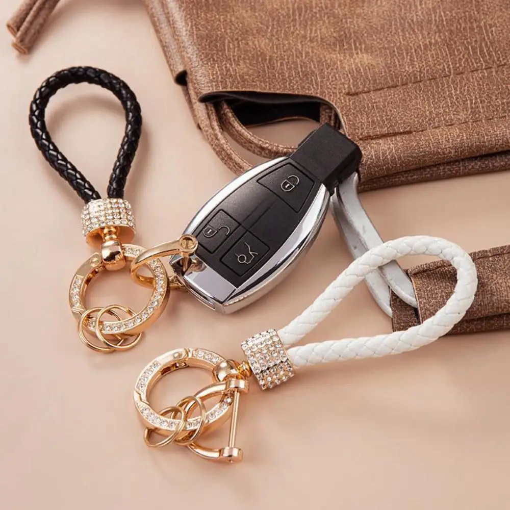 Handcrafted Braided Rope Keychain with Sparkling Rhinestones - Stylish Monochrome Fashion Accessory