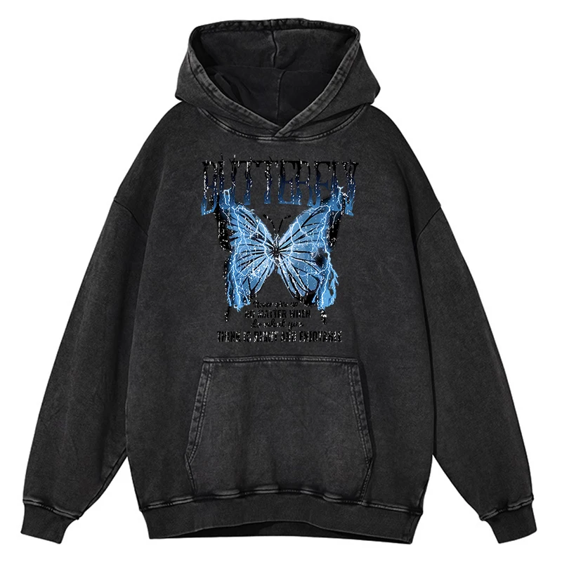 thumbnail image 1 of Sudadera con capucha para hombre, estilo retro, desgastado, con estampado de mariposas y relámpagos azules, con palabras creativas, de gran tamaño, cálida, 100 % algodón, a la moda, para otoño, 1 of 5