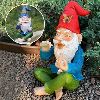 Garden Gnome Ornaments Resin Statue Figurine Smoking Middle Finger Desk Bookshelf Art Home Garden Decor