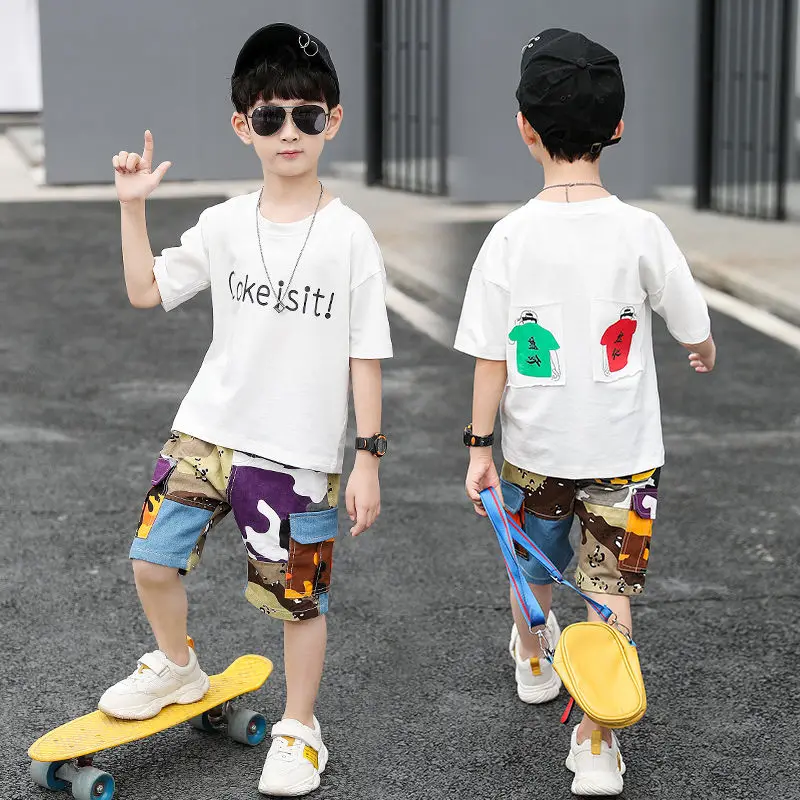 

4-14T Boys Clothes Summer Set 2023 New O-Neck Short Sleeve Fashion Patchwork Letters Print Clothing Suit High Quality