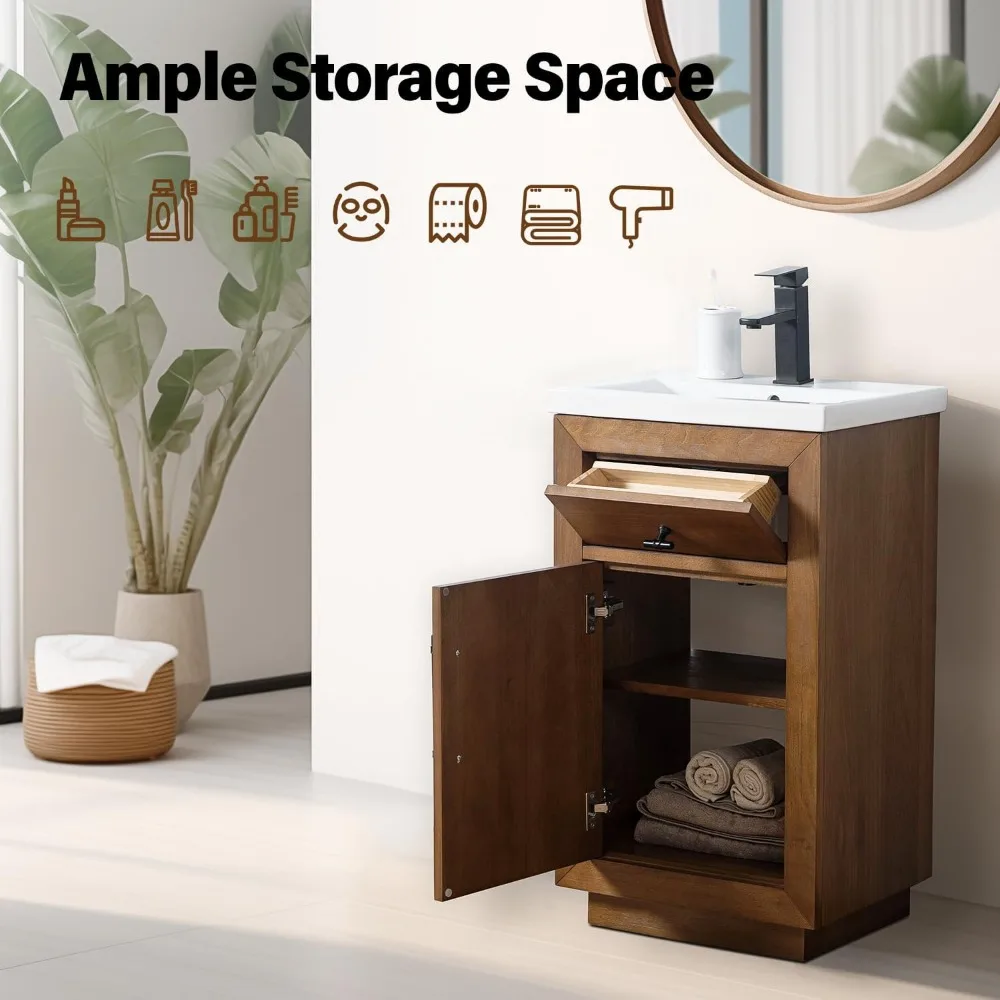 20 inch Bathroom Vanity with Ceramic Sink,with Doors and Removable Shelf, Modern Wood Cabinet with Marble Top, Solid Wood Frame 4