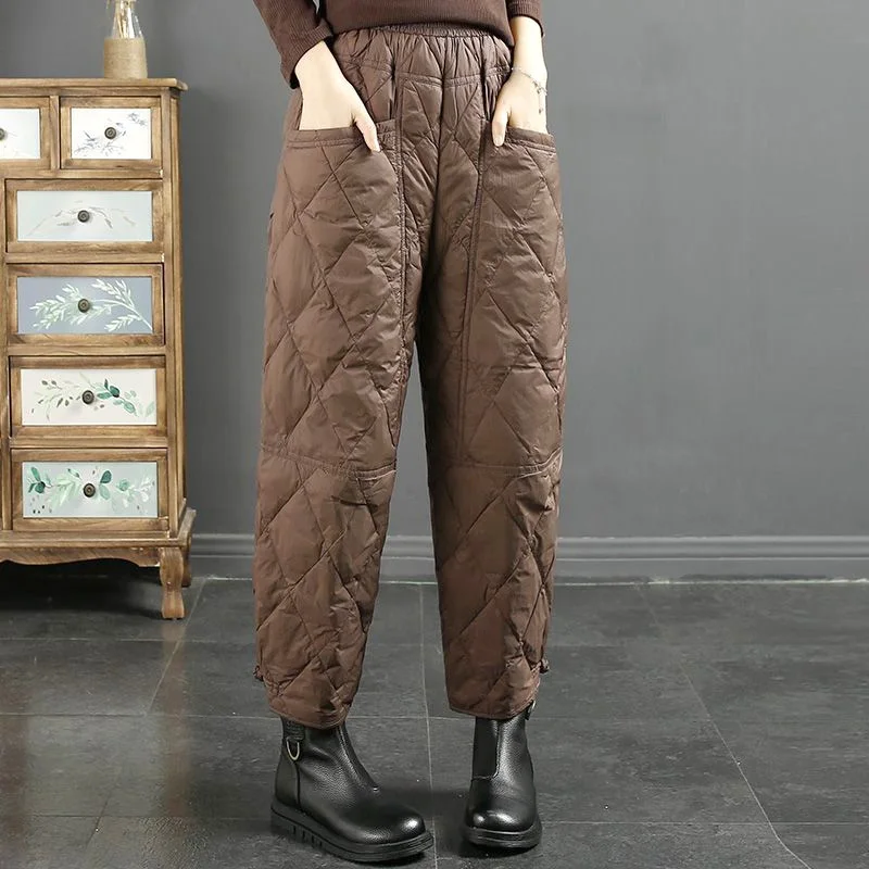 

1pc Women Sweatpants Loose High Waist Warm Ankle Length Down Cotton Pants Solid Color Casual Winter Fashion Thick