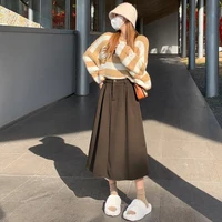 High Waist Woolen Skirt Women Long 2024 Autumn Winter Plus Size Women Clothing Elastic Waist A Line Brown Or Black Skirt Women - Image 3