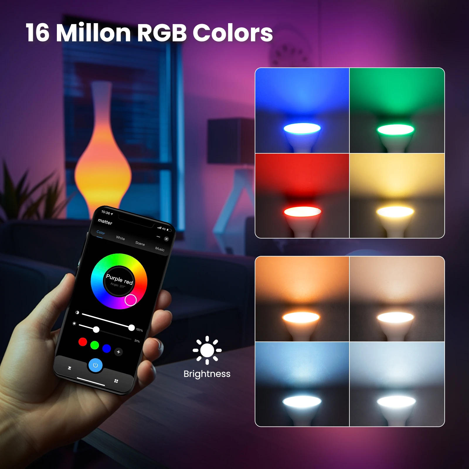 MOES Tuya Matter WiFi 스마트 전구, 밝기 조절 가능 LED 조명, 16 만 RGB C + W 색상, 촛불 램프, 음성 제어, 알렉사 구글 홈, GU10
