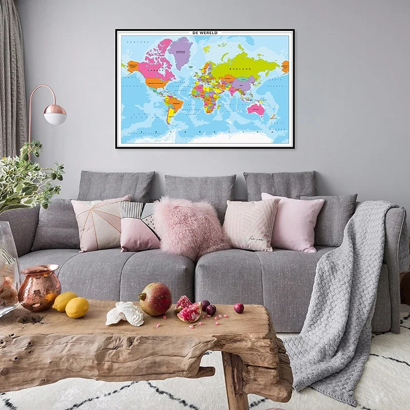 84*59cm The Wold Map in Dutch Vintage Wall Art Poster Canvas Painting Children School Supplies Living Room Home Decoration