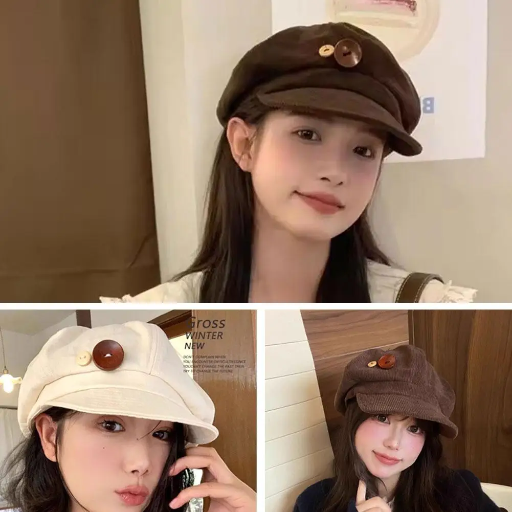 Vintage Cord Baskenmütze Hut für Frauen Koreanische Taste Achteckige Kappe Herbst Winter Maler Künstler Hüte Japanische Braune Schirmmützen – Detail 5