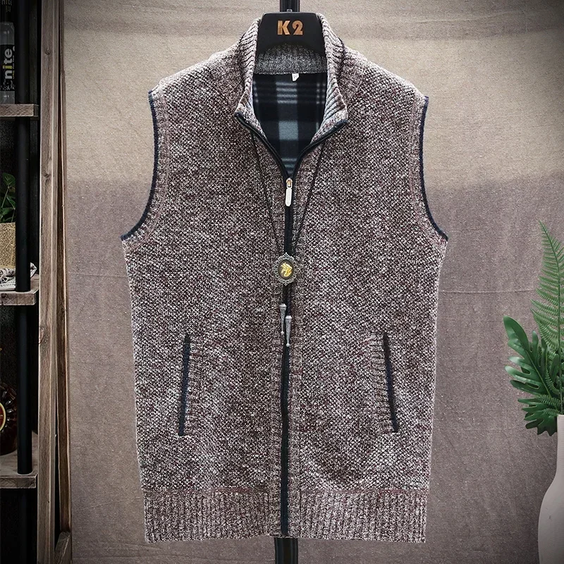 New Men's Autumn and Winter Fashion Zipper Cardigan Vest Plus Fleece Thickened Large Size Slim Men's Sweater