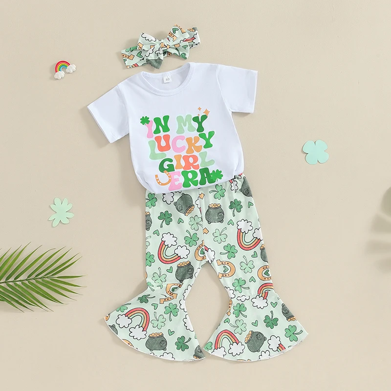 

Toddler Girls St Patrick's Day Clothes Letter Short Sleeve T-Shirt with Shamrock Pattern Flare Pants and Headband Outfit