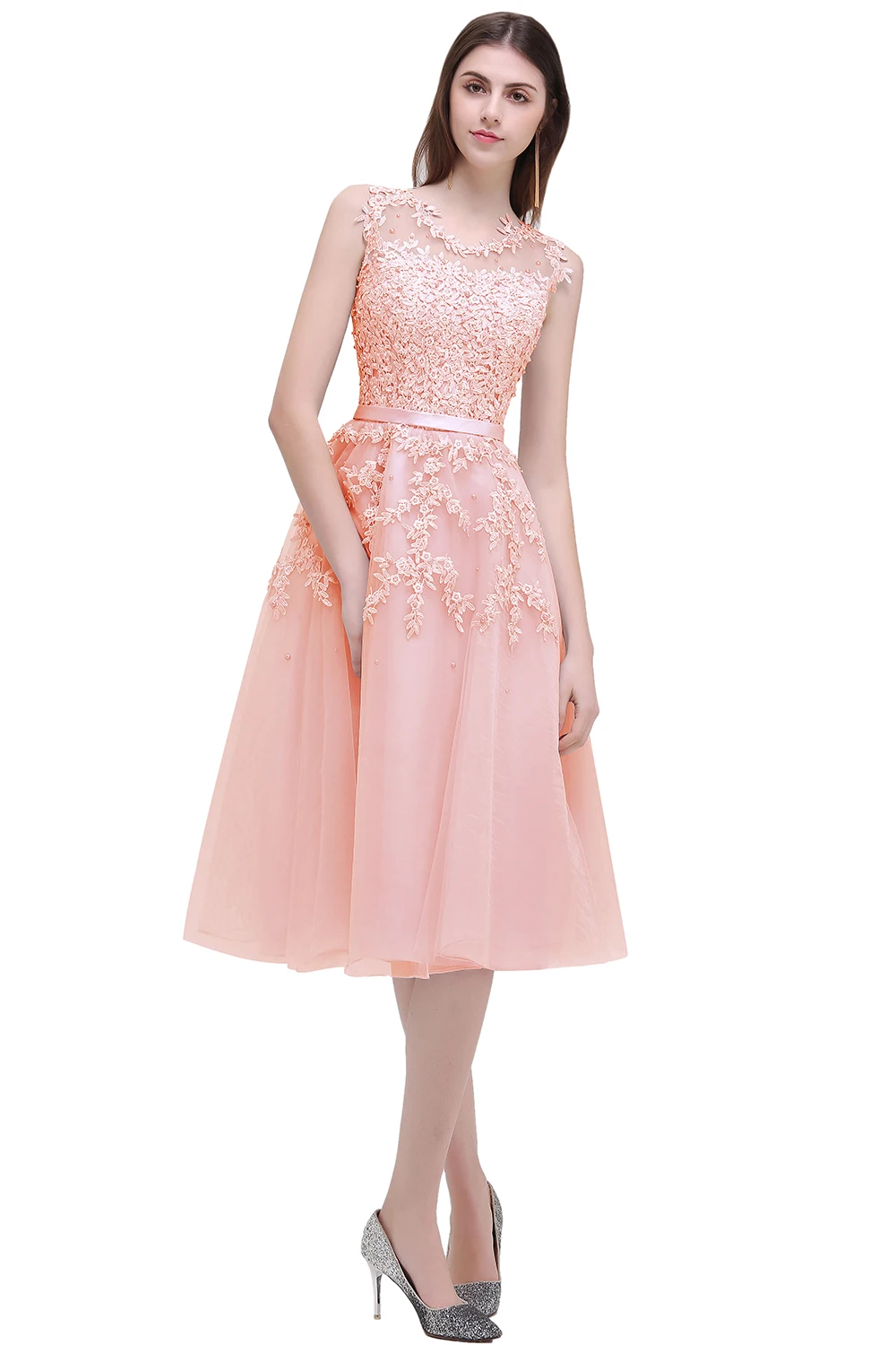 FATAPAESE Dust Pink Cocktail Knee-Length Lace Appliques Top Flower and Pearls Short Prom Dress Party Dresses Sexy Tulle Gown