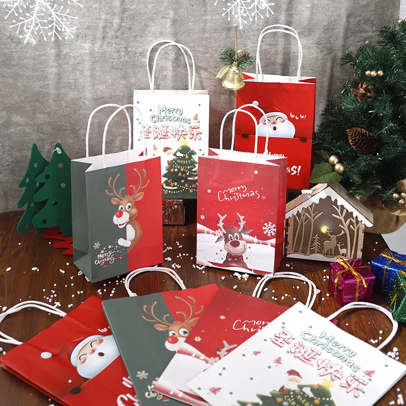 

10pcs/lot paper bags with handles Festival gift bags shopping bags kraft paper packing bags Christmas Decoration Paper Bags
