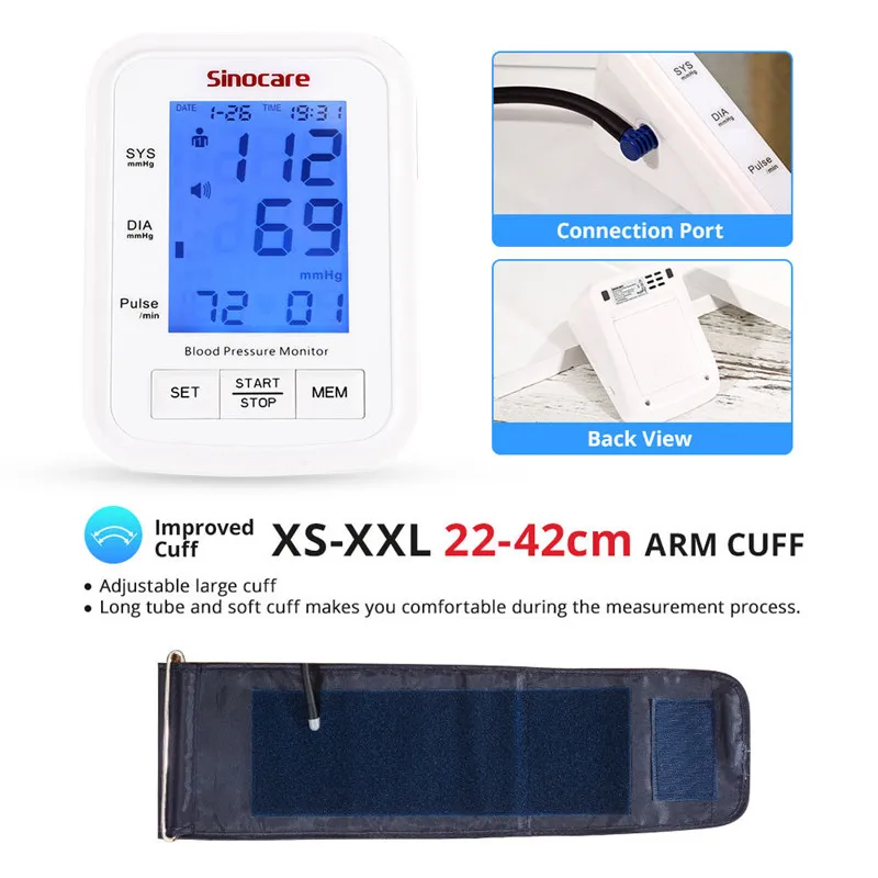 Sinocare Arm Blood Pressure Monitor Digital Sphygmomanometer Medical Pressure Meter Gauge Device Cuff Pulse Heart Rate Health