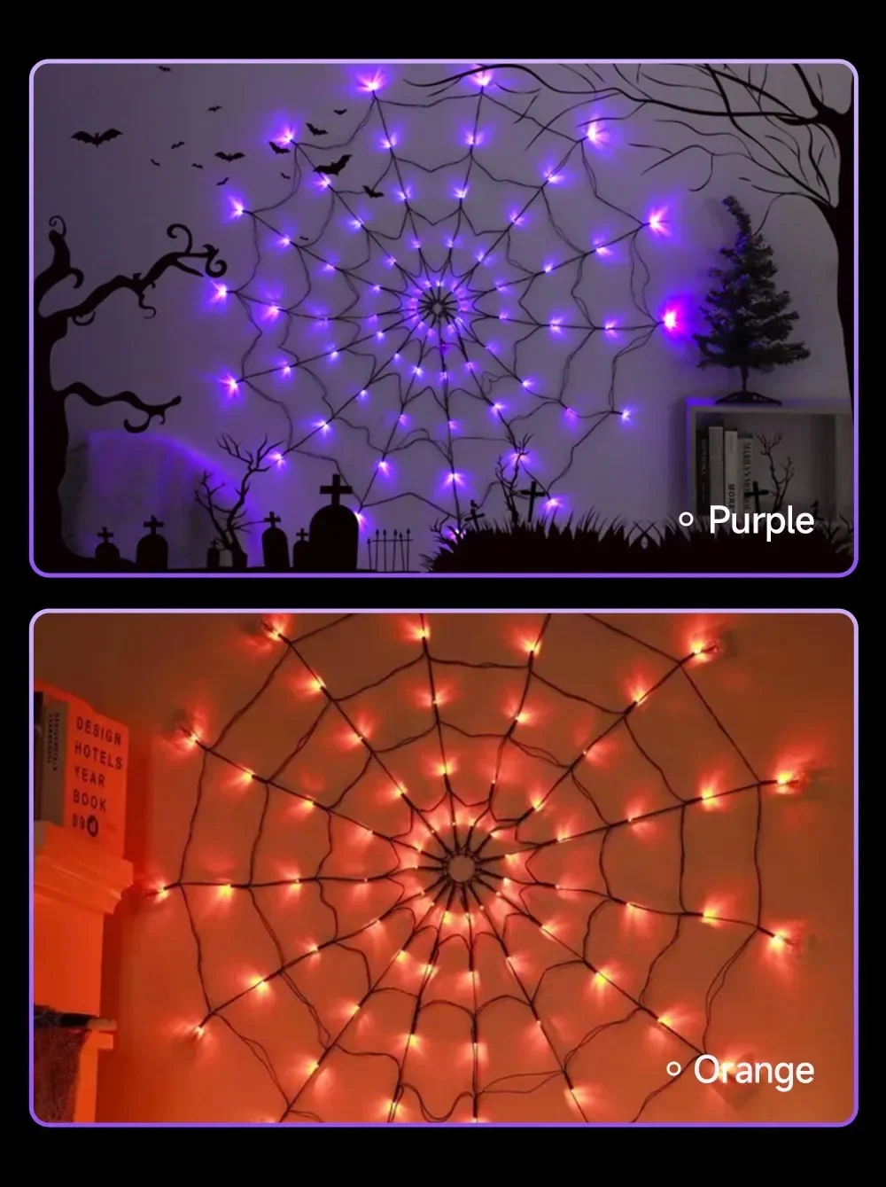 Description Picture 3 of item2024 LED Halloween Light Spider Web Decoration Lights 8 Modes Remote Control Spider Net Lamp Decorative Atmosphere Party Light