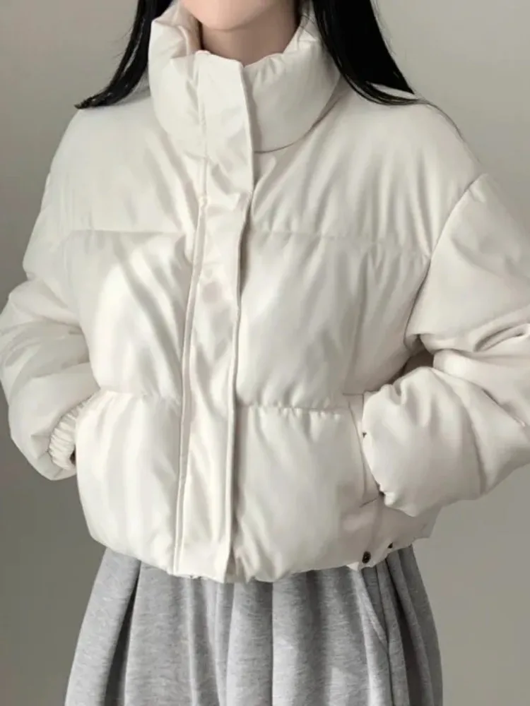 Chic Winter Thiened High Collar Loose PU Leather ort Bread Coat Zipper Cotton Jaet Women's Faionable Versatile Outerwear